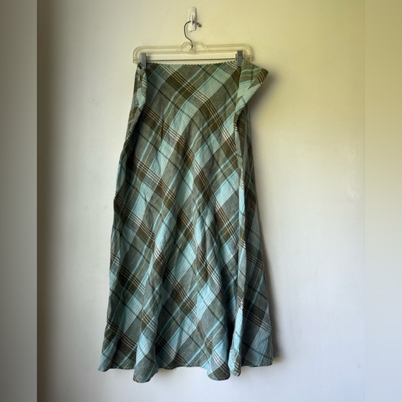 Eddie Bauer Blue & Brown Plaid A-Line 100% Linen Midi Skirt XL - Picture 2 of 3